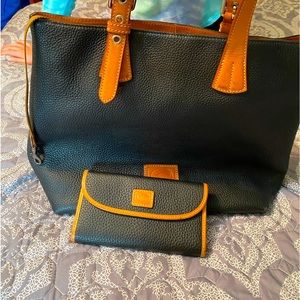 Very heavy duty black leather tote and matching wallet
